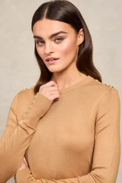 New Buttoned Knit Crew Neck (Dark Camel) Women Knitwear