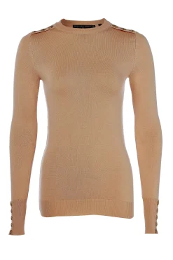 New Buttoned Knit Crew Neck (Dark Camel) Women Knitwear