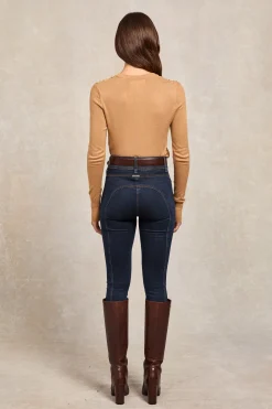 New Buttoned Knit Crew Neck (Dark Camel) Women Knitwear