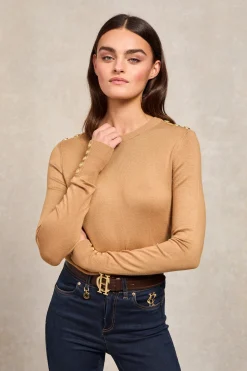 New Buttoned Knit Crew Neck (Dark Camel) Women Knitwear