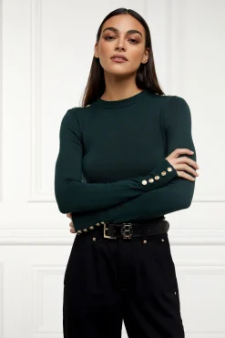 Clearance Buttoned Knit Crew Neck (Deep Emerald) Women Knitwear