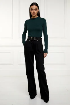 Clearance Buttoned Knit Crew Neck (Deep Emerald) Women Knitwear