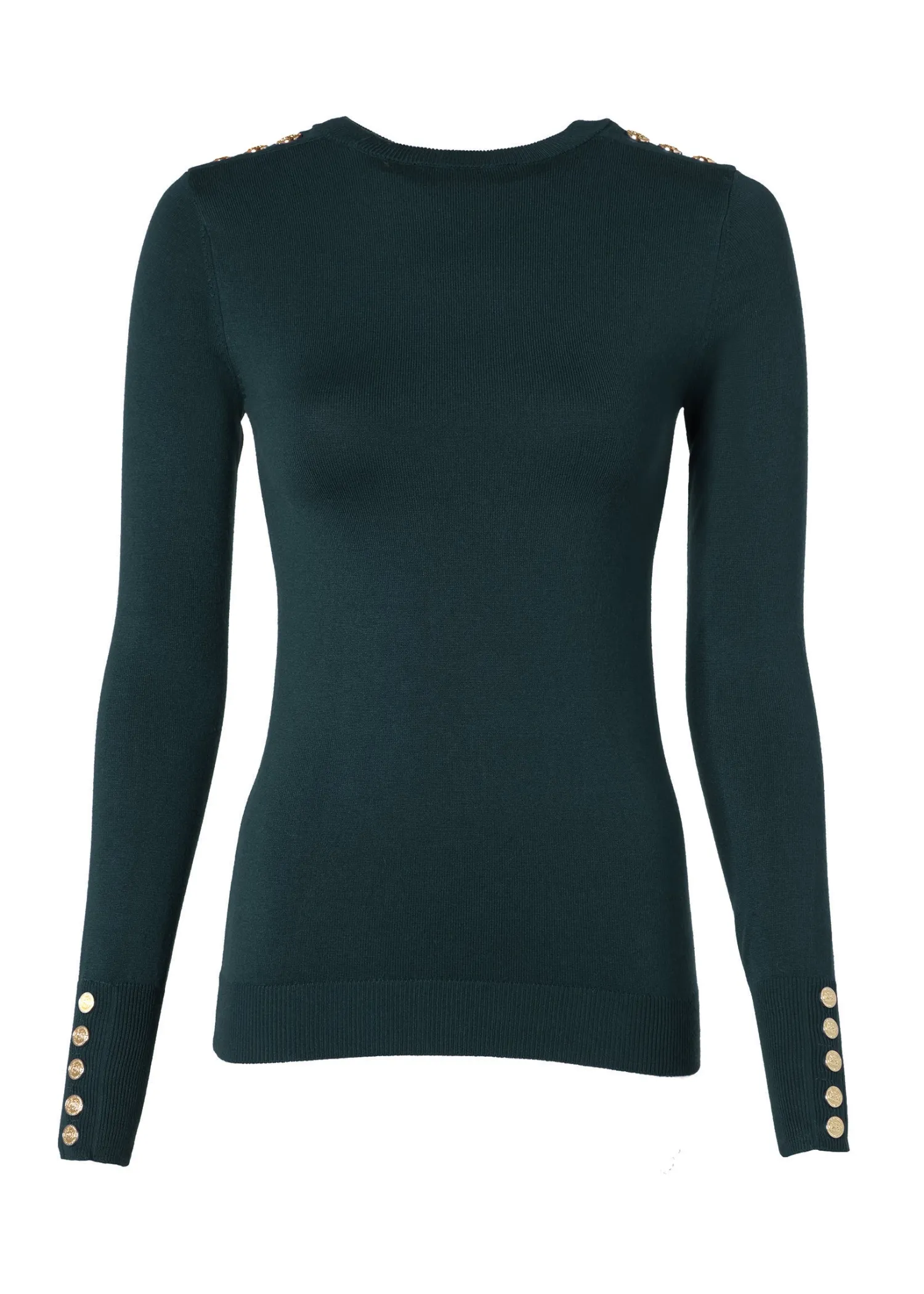 Clearance Buttoned Knit Crew Neck (Deep Emerald) Women Knitwear