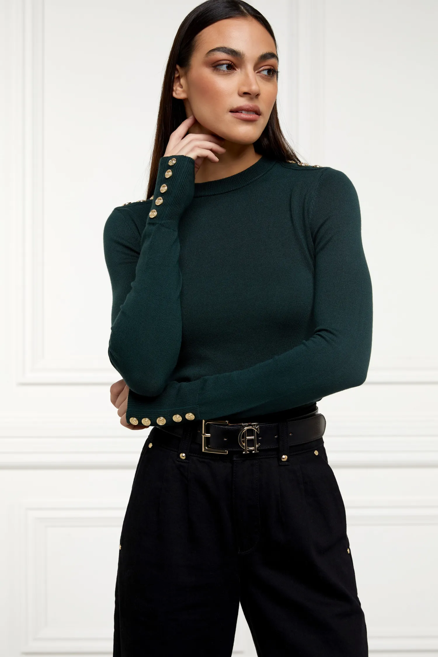 Clearance Buttoned Knit Crew Neck (Deep Emerald) Women Knitwear