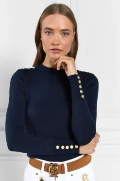 Fashion Buttoned Knit Crew Neck (Ink Navy) Women Knitwear
