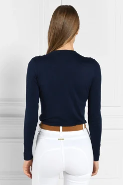 Fashion Buttoned Knit Crew Neck (Ink Navy) Women Knitwear