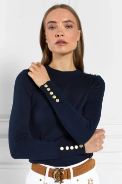 Fashion Buttoned Knit Crew Neck (Ink Navy) Women Knitwear