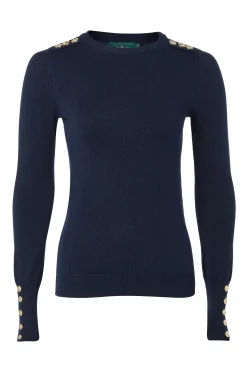 Fashion Buttoned Knit Crew Neck (Ink Navy) Women Knitwear