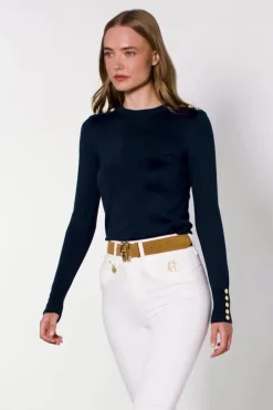 Fashion Buttoned Knit Crew Neck (Ink Navy) Women Knitwear