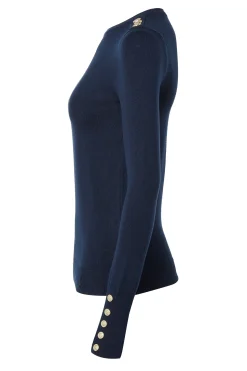 Fashion Buttoned Knit Crew Neck (Ink Navy) Women Knitwear