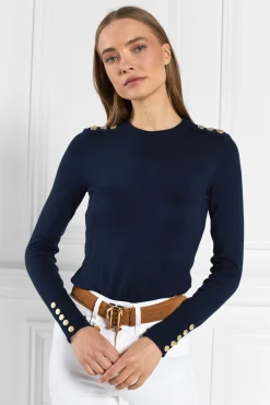 Fashion Buttoned Knit Crew Neck (Ink Navy) Women Knitwear