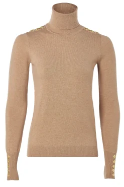 Best Buttoned Knit Roll Neck (Dark Camel) Women Knitwear