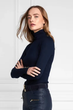 Clearance Buttoned Knit Roll Neck (Ink Navy) Women Knitwear