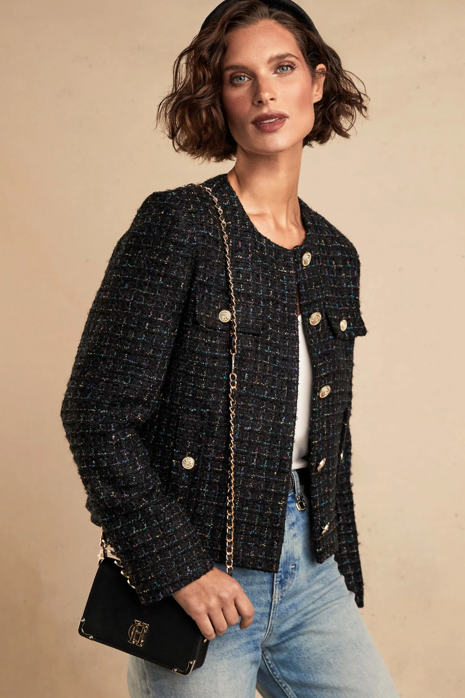 Fashion Chelsea Jacket (Black Rainbow Sparkle Tweed) Women Jackets|Tailoring