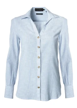 Hot Classic V-Neck Blouse (Azure Stripe) Women Shirts & Blouses
