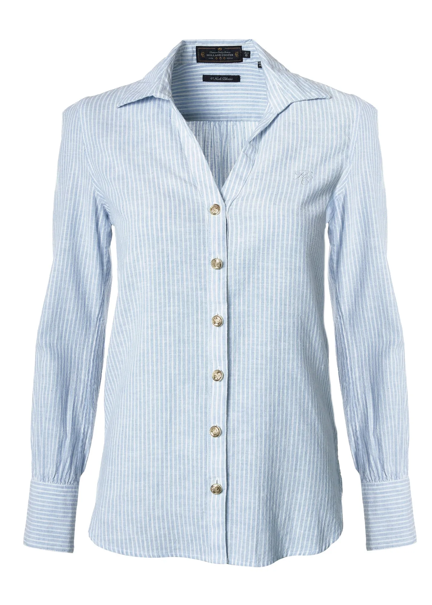 Hot Classic V-Neck Blouse (Azure Stripe) Women Shirts & Blouses