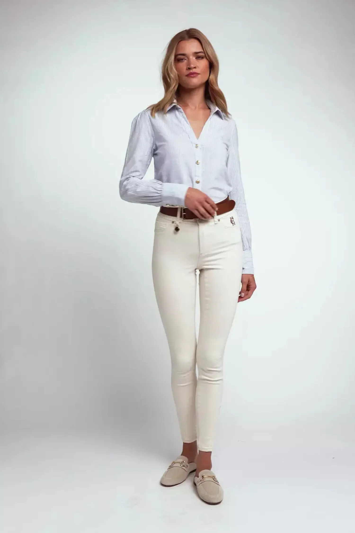 Hot Classic V-Neck Blouse (Azure Stripe) Women Shirts & Blouses