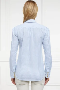 Hot Classic V-Neck Blouse (Azure Stripe) Women Shirts & Blouses