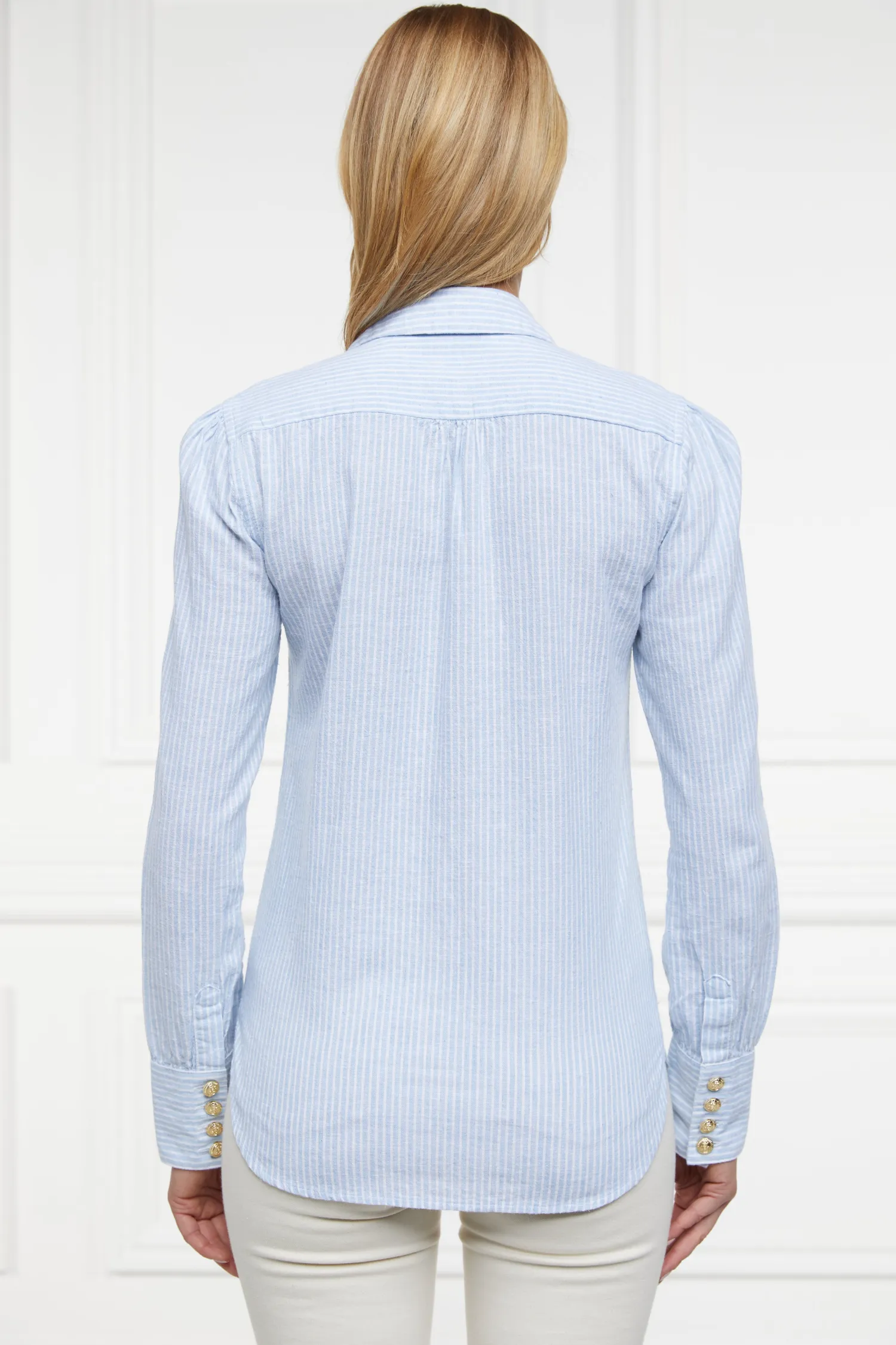 Hot Classic V-Neck Blouse (Azure Stripe) Women Shirts & Blouses