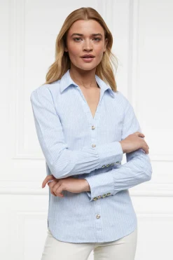 Hot Classic V-Neck Blouse (Azure Stripe) Women Shirts & Blouses