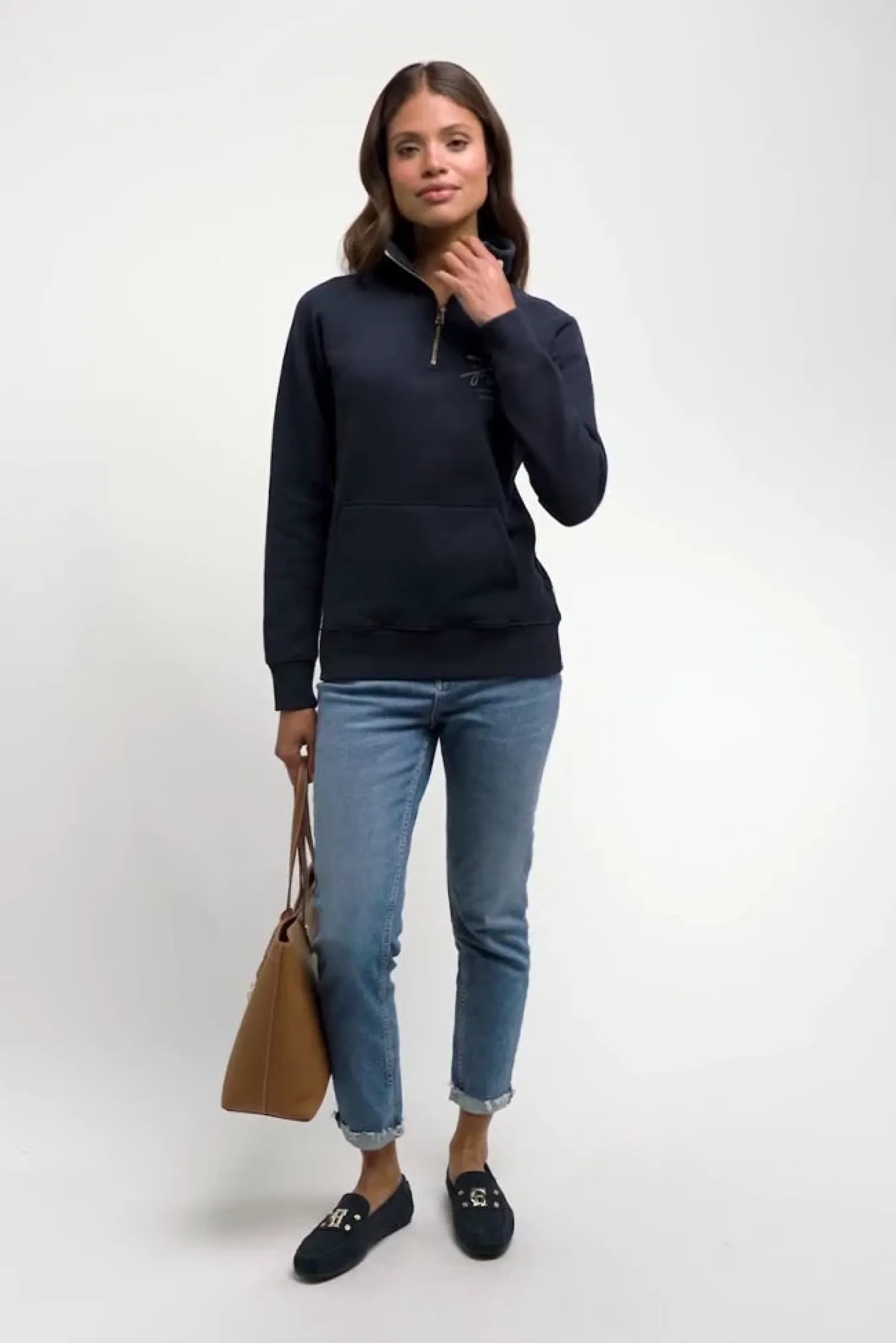 Hot Crest Zip Henley (Ink Navy) Women Hoodies & Sweatshirts|Sweatshirts