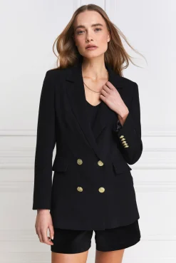 Fashion Double Breasted Blazer (Black Linen) Women Blazers|Tailoring