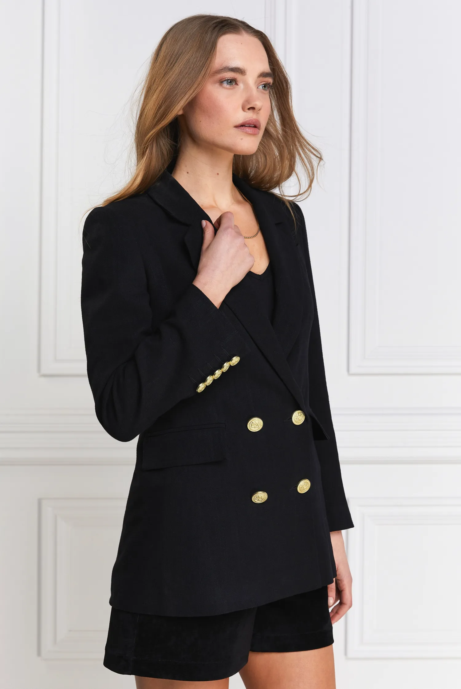Fashion Double Breasted Blazer (Black Linen) Women Blazers|Tailoring