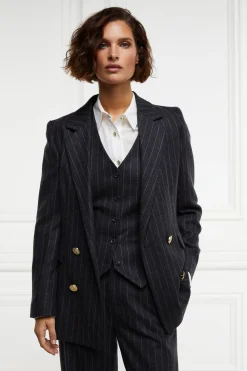 New Double Breasted Blazer (Charcoal Pinstripe) Women Blazers|Tailoring