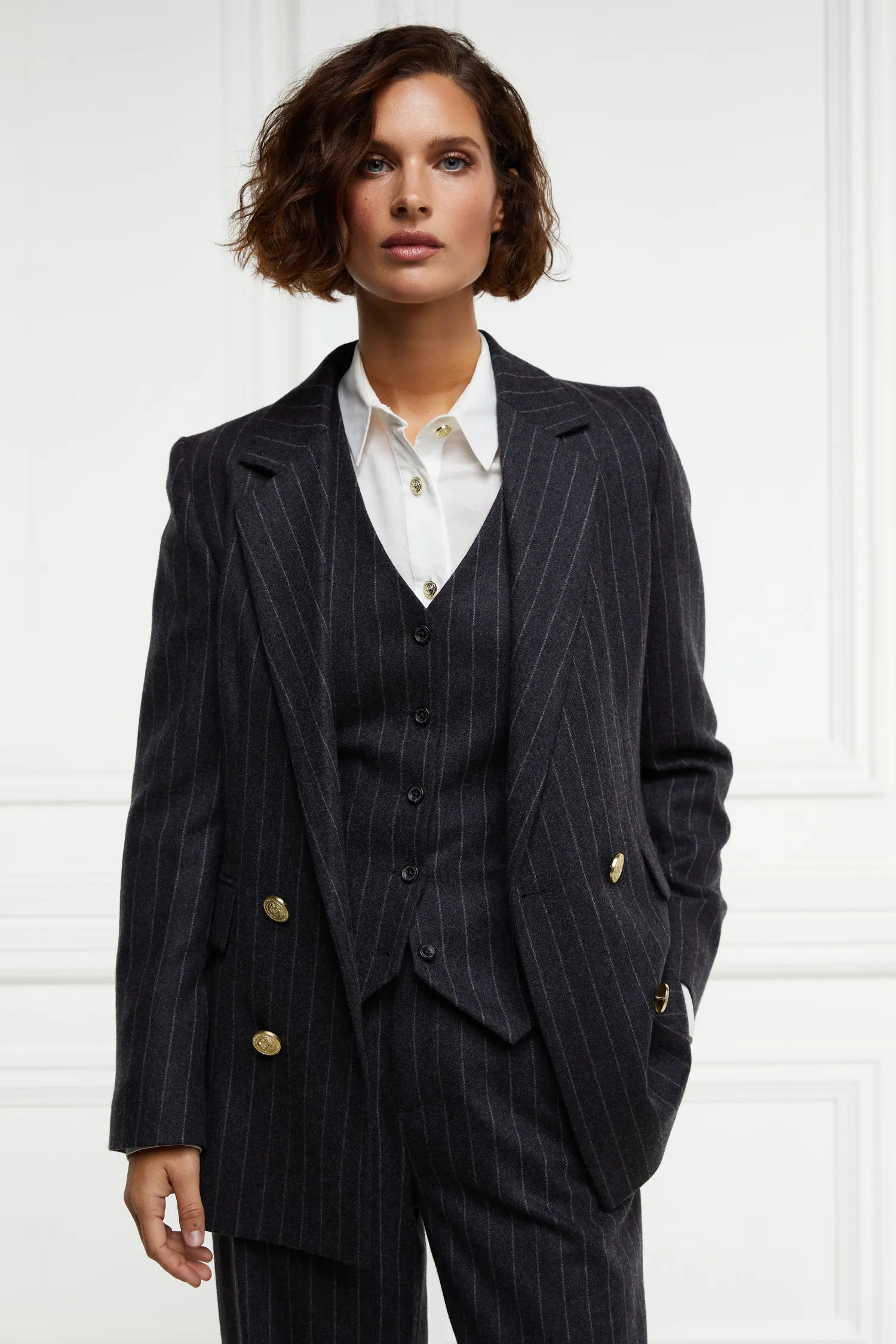 New Double Breasted Blazer (Charcoal Pinstripe) Women Blazers|Tailoring