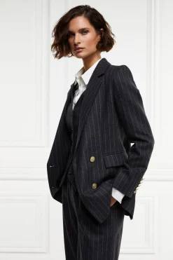New Double Breasted Blazer (Charcoal Pinstripe) Women Blazers|Tailoring