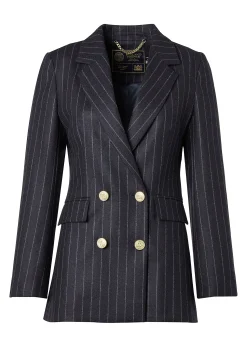New Double Breasted Blazer (Charcoal Pinstripe) Women Blazers|Tailoring