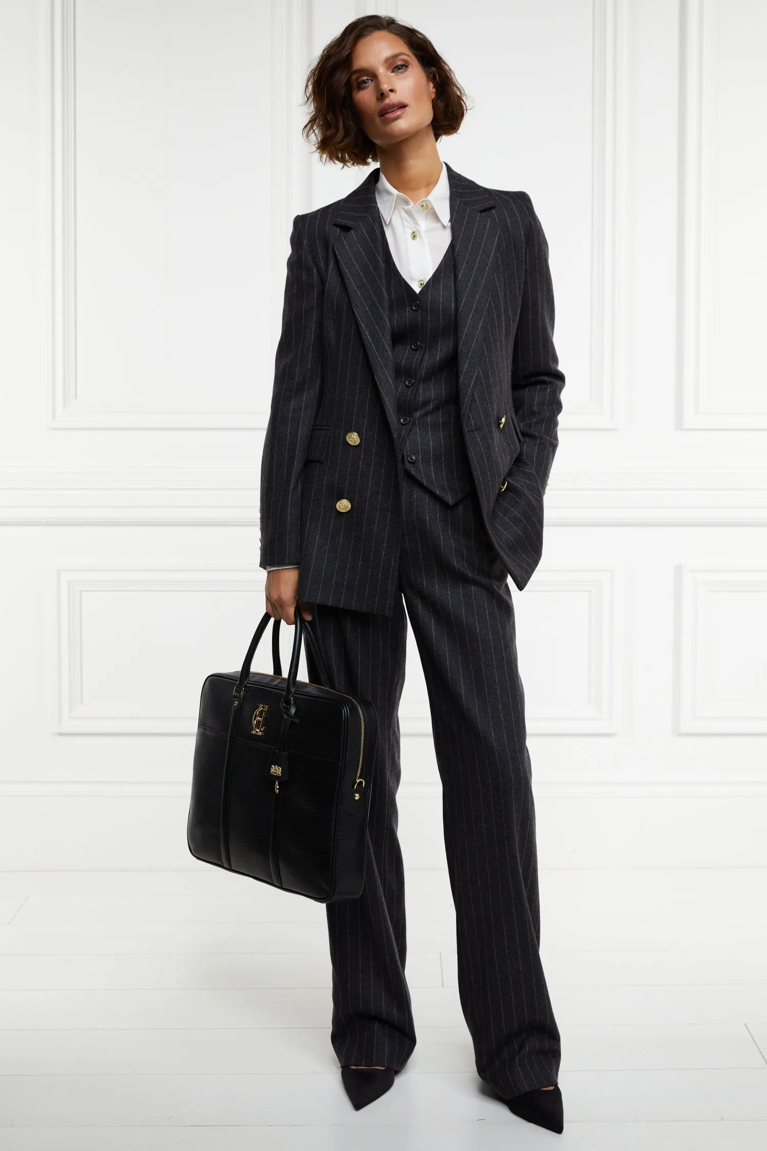 New Double Breasted Blazer (Charcoal Pinstripe) Women Blazers|Tailoring