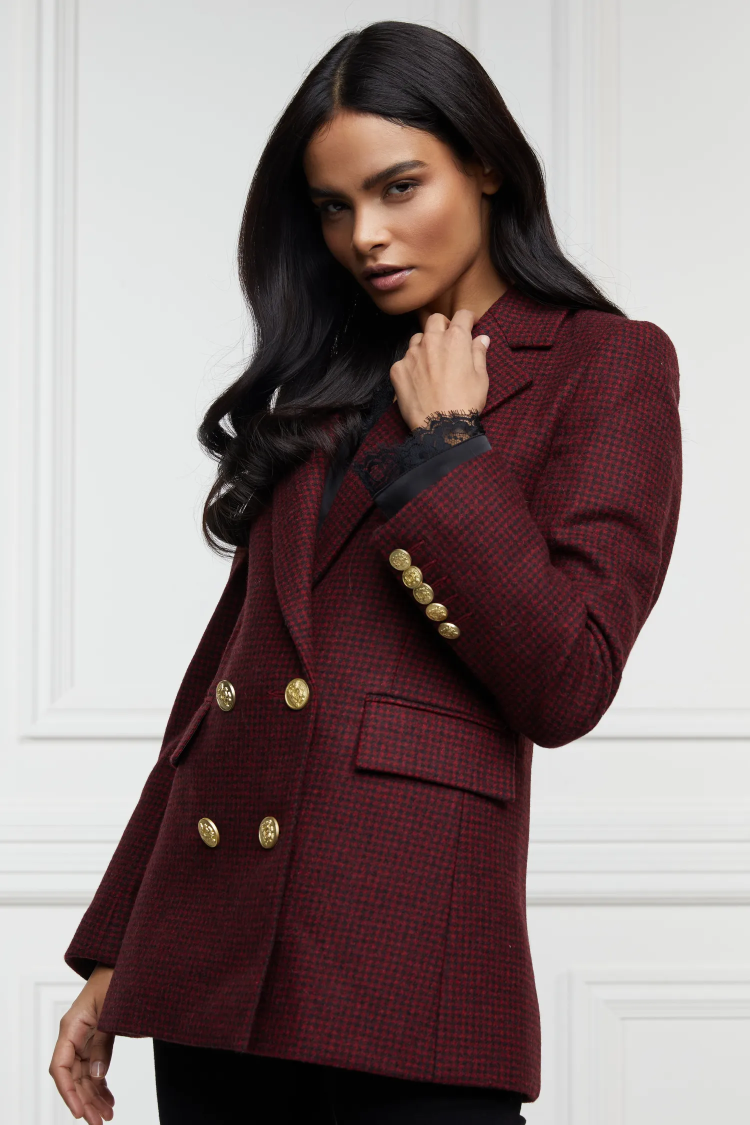 Sale Double Breasted Blazer (Deep Red Houndstooth) Women Blazers|Tailoring