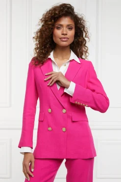 Hot Double Breasted Blazer (Hot Pink Linen) Women Blazers|Tailoring