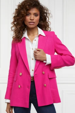 Hot Double Breasted Blazer (Hot Pink Linen) Women Blazers|Tailoring