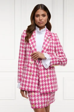 Fashion Double Breasted Blazer (Hot Pink Large Scale Houndstooth) Women Blazers|Tailoring