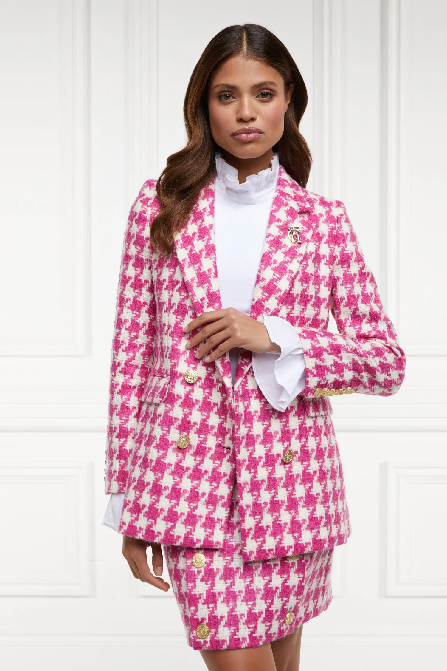 Fashion Double Breasted Blazer (Hot Pink Large Scale Houndstooth) Women Blazers|Tailoring