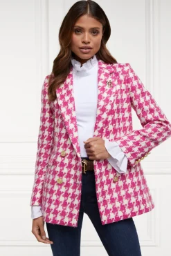 Fashion Double Breasted Blazer (Hot Pink Large Scale Houndstooth) Women Blazers|Tailoring