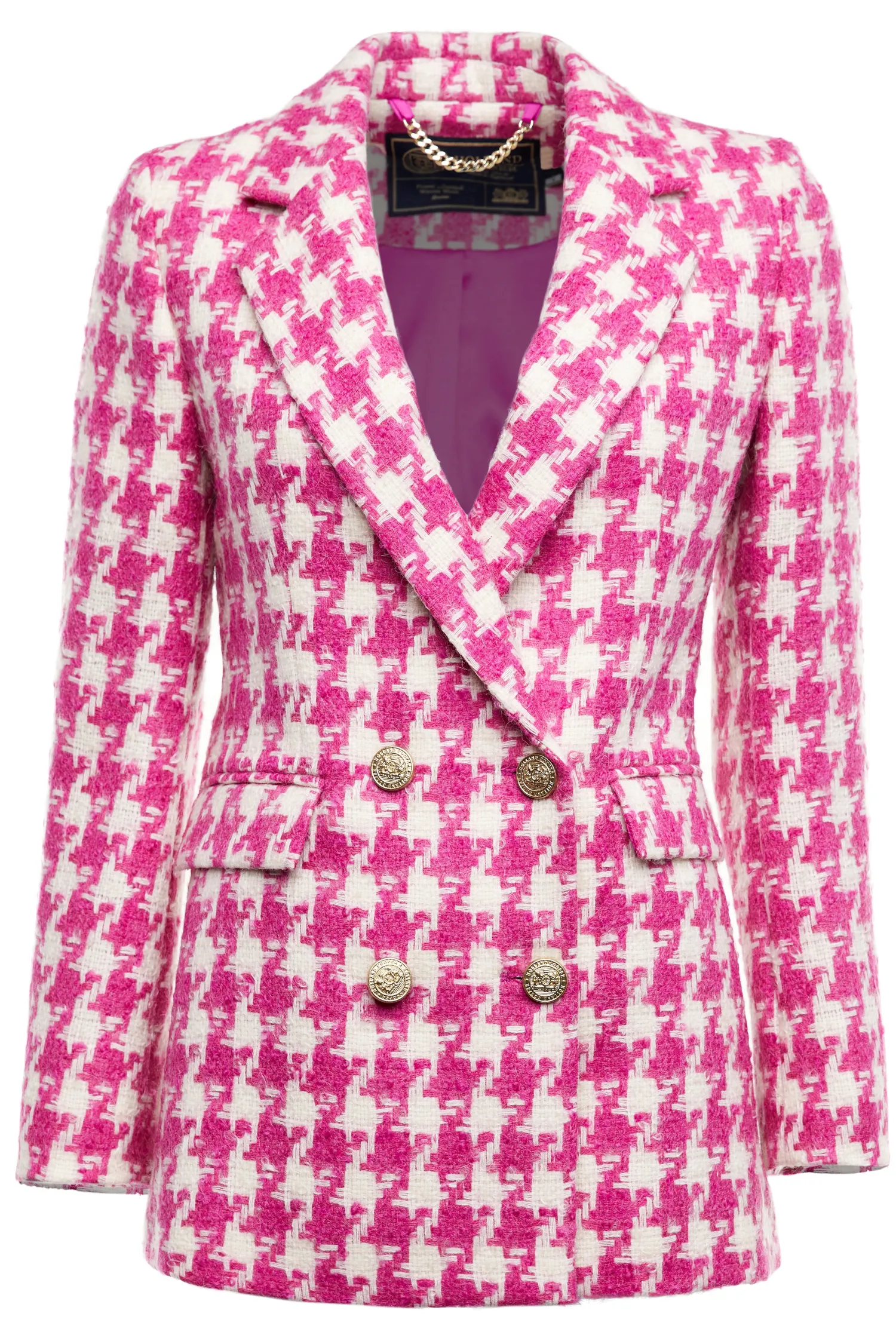 Fashion Double Breasted Blazer (Hot Pink Large Scale Houndstooth) Women Blazers|Tailoring