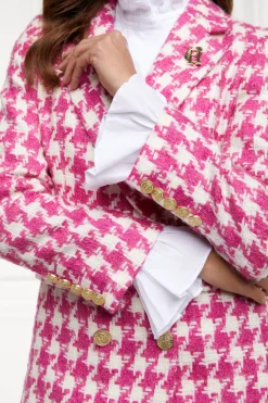 Fashion Double Breasted Blazer (Hot Pink Large Scale Houndstooth) Women Blazers|Tailoring