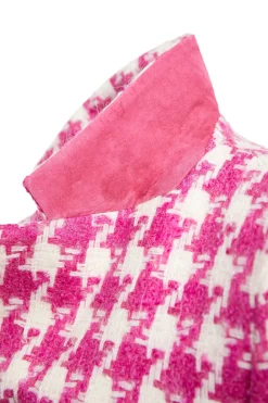 Fashion Double Breasted Blazer (Hot Pink Large Scale Houndstooth) Women Blazers|Tailoring