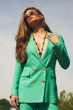 Fashion Double Breasted Blazer (Jade Linen) Women Blazers|Tailoring