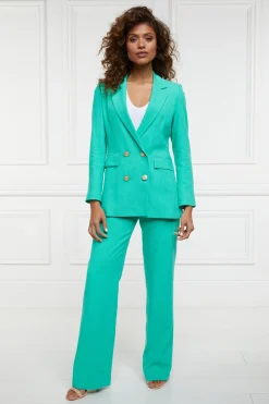 Fashion Double Breasted Blazer (Jade Linen) Women Blazers|Tailoring