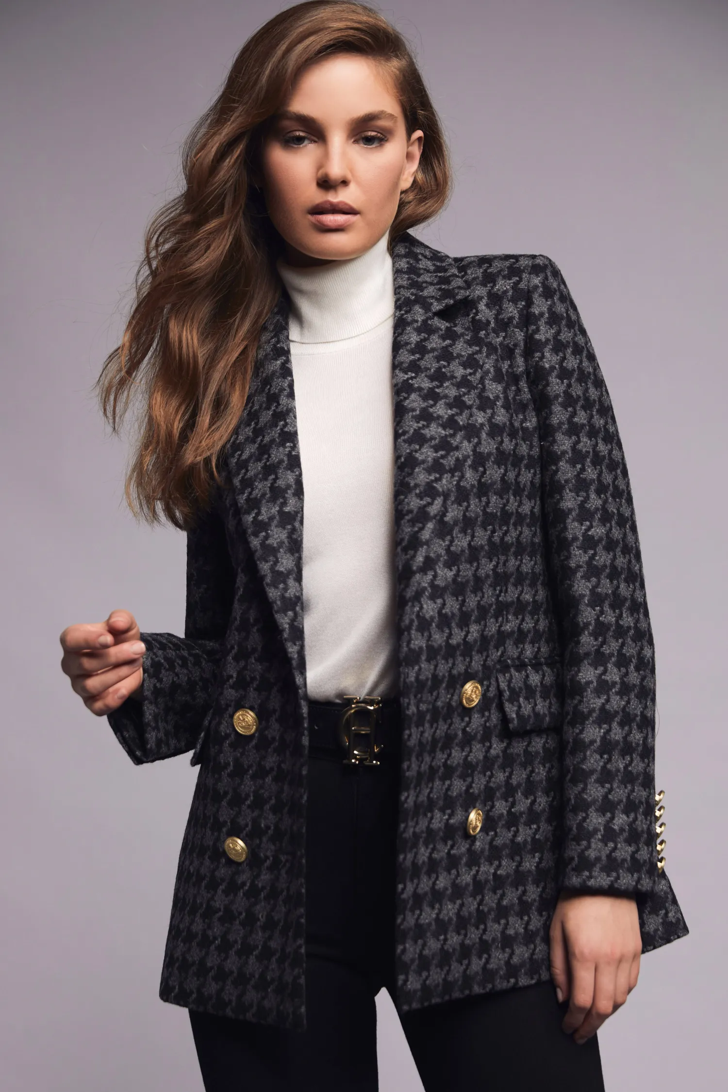 Outlet Double Breasted Blazer (Large Scale Charcoal Houndstooth) Women Blazers|Tailoring