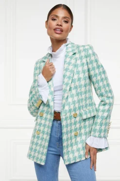 Fashion Double Breasted Blazer (Large Scale Teal Houndstooth) Women Blazers|Tailoring