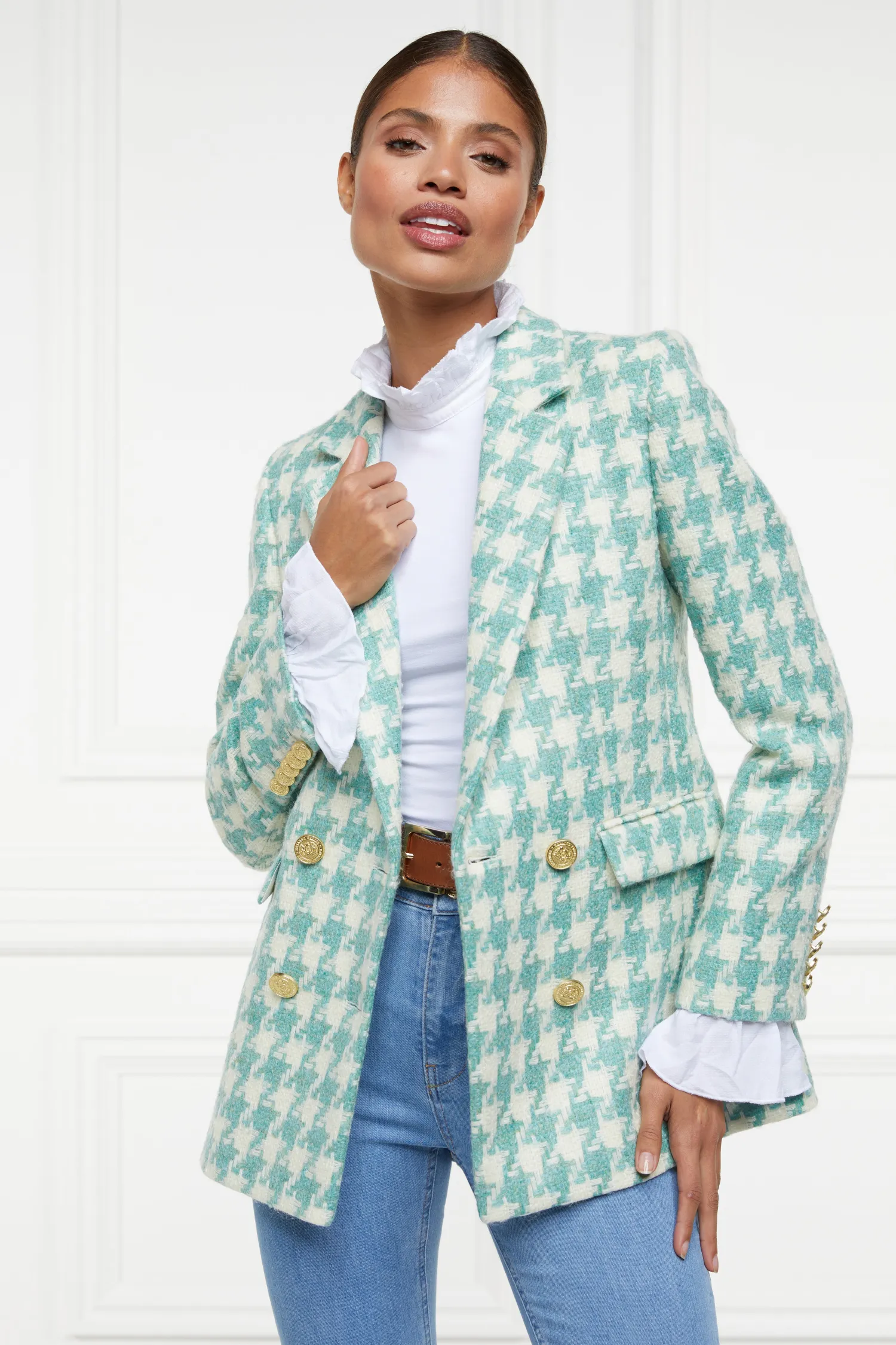 Fashion Double Breasted Blazer (Large Scale Teal Houndstooth) Women Blazers|Tailoring