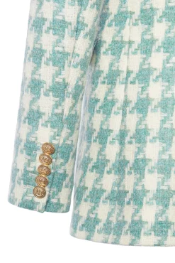 Fashion Double Breasted Blazer (Large Scale Teal Houndstooth) Women Blazers|Tailoring