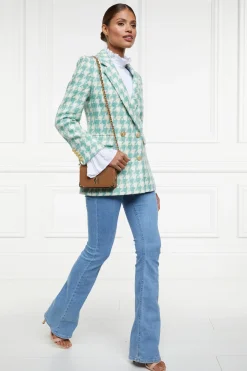 Fashion Double Breasted Blazer (Large Scale Teal Houndstooth) Women Blazers|Tailoring
