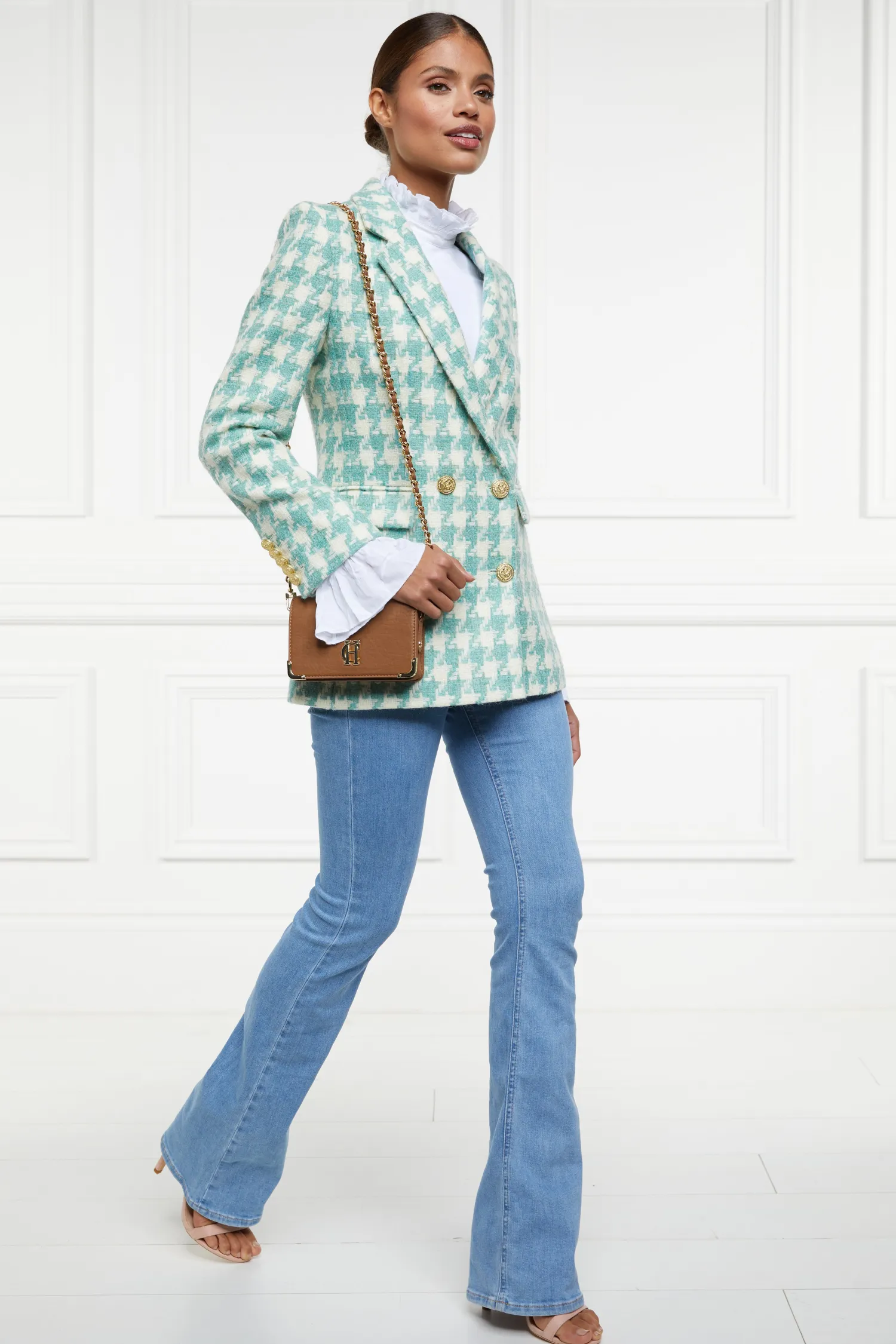 Fashion Double Breasted Blazer (Large Scale Teal Houndstooth) Women Blazers|Tailoring