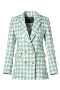 Fashion Double Breasted Blazer (Large Scale Teal Houndstooth) Women Blazers|Tailoring